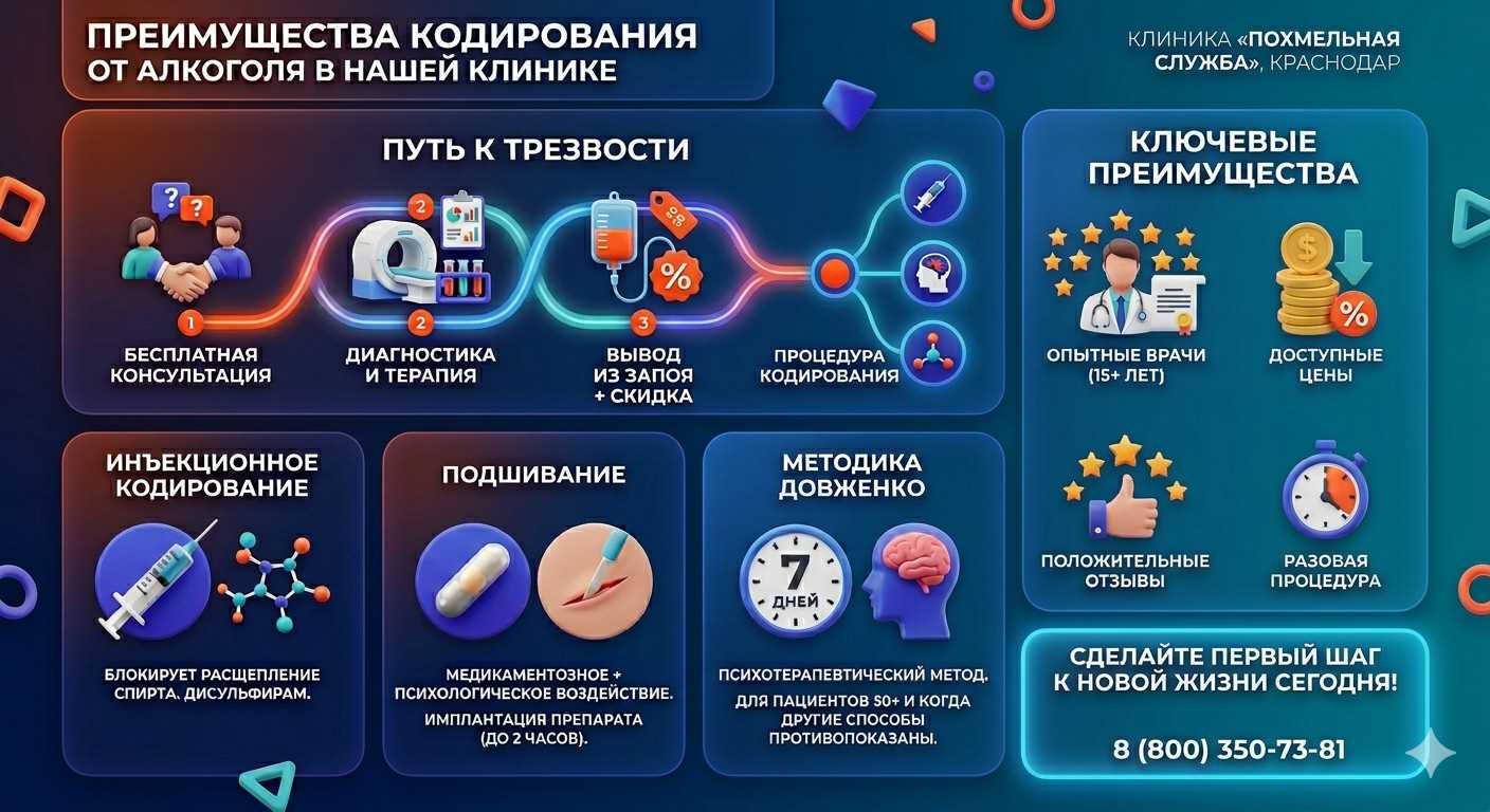 Инфографика о методах кодирования от алкоголя в Александровске: инъекции, подшивание, метод Довженко. Преимущества клиники и этапы лечения.